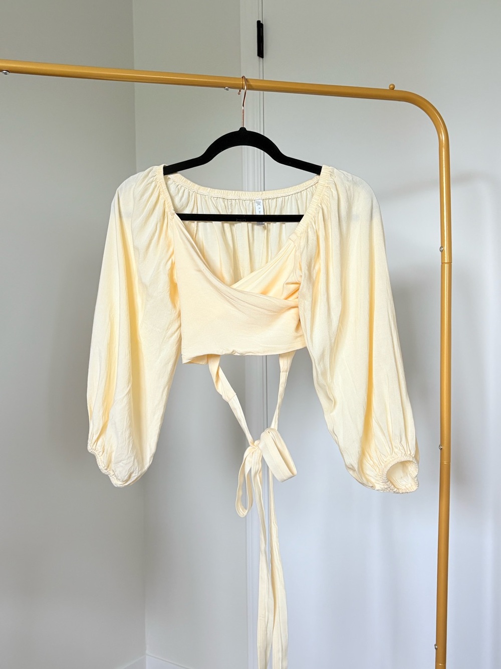 Butter Yellow Wrap Crop Top with Balloon Sleeves